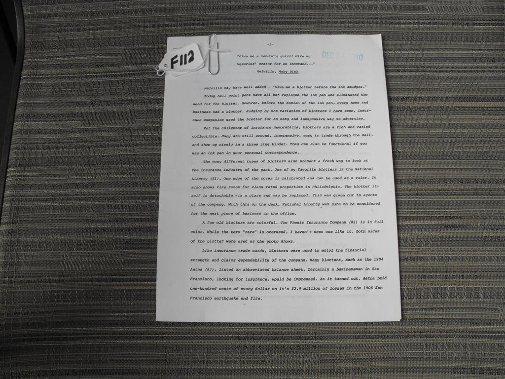 Article on Blotters. December 11, 1980. 4 pages t