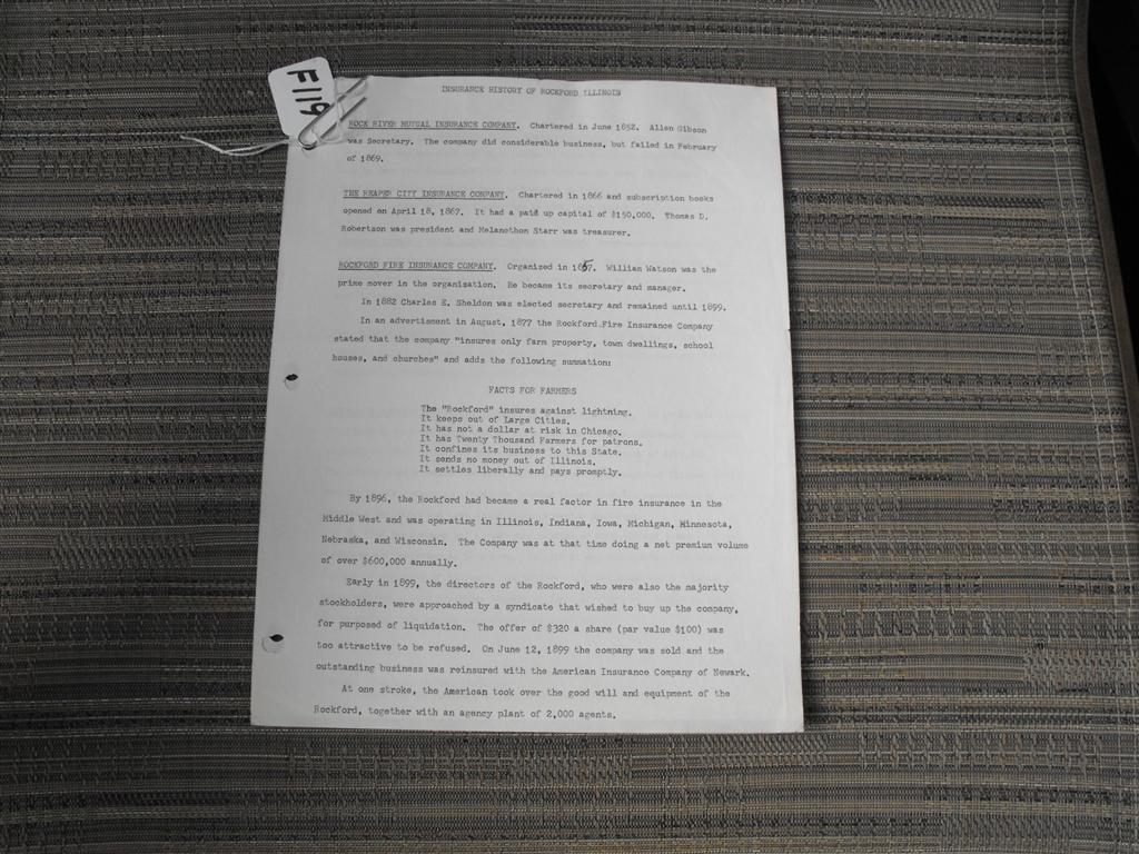 Insurance History of Rockford, Illinois. 2 pages