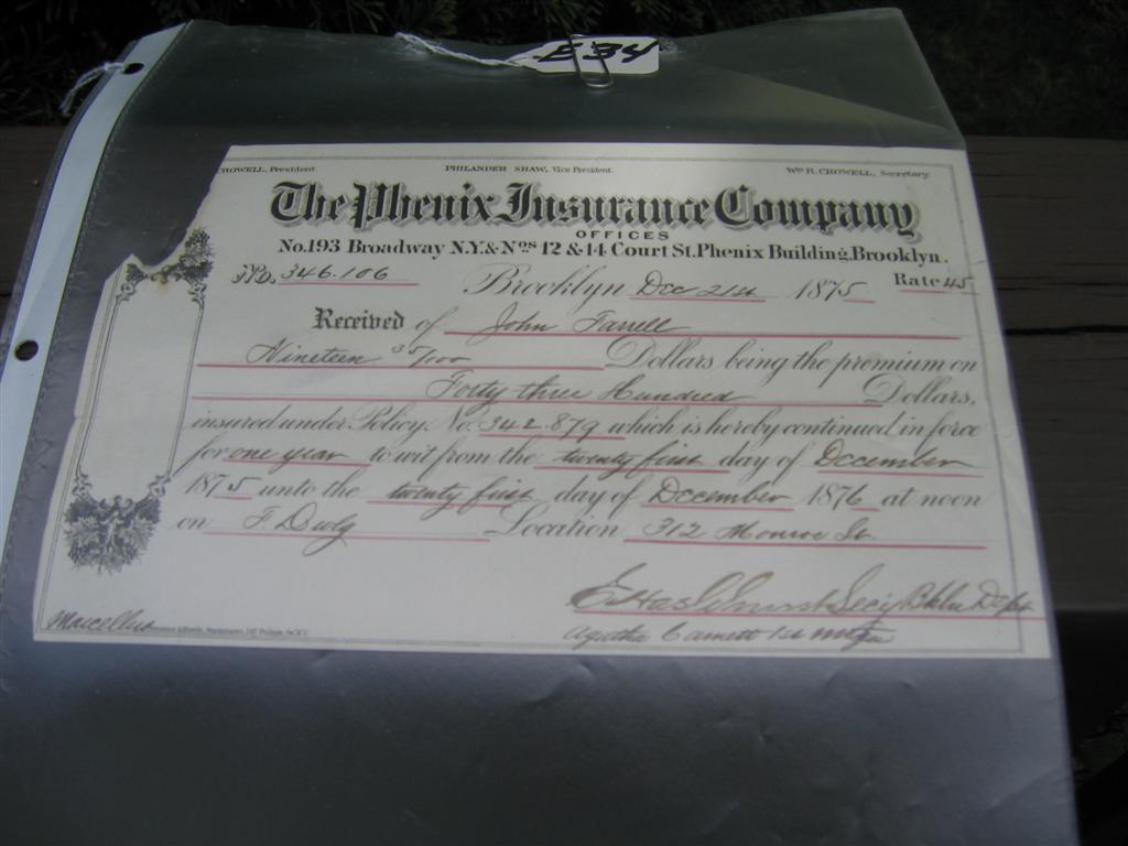 Paper Receipt. The Phenix Insurance Company. Dat