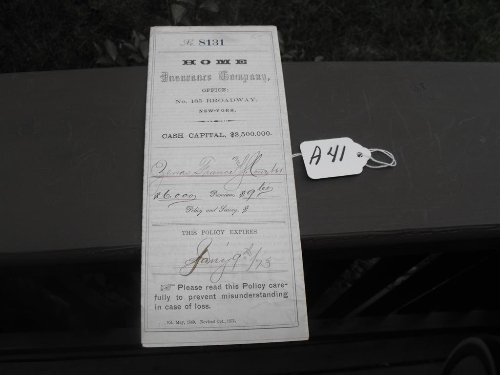 Home Insurance Company Policy. 9th Dec,1872 to 9t