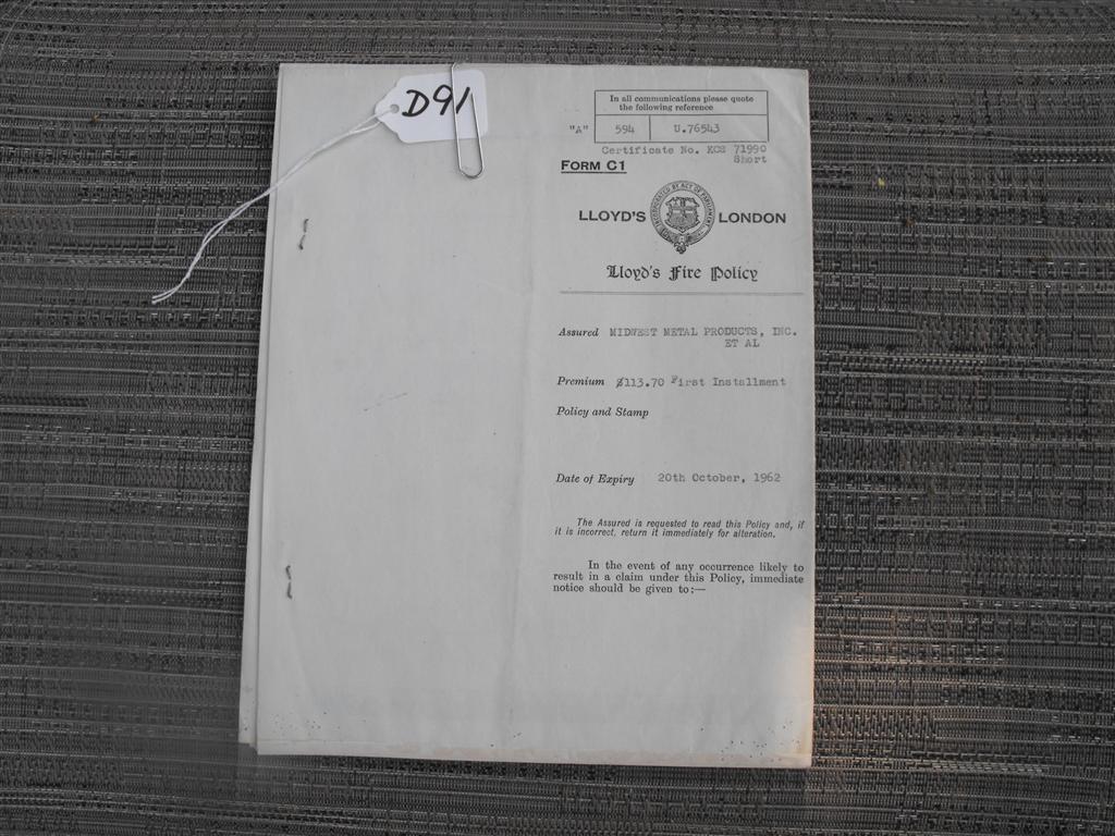 Lloyds Fire Policy. October 20, 1959 to October 2