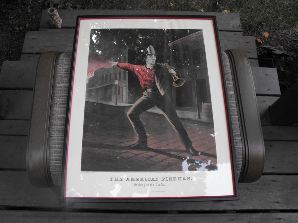 Framed Picture of The American Fireman. "Rushing t