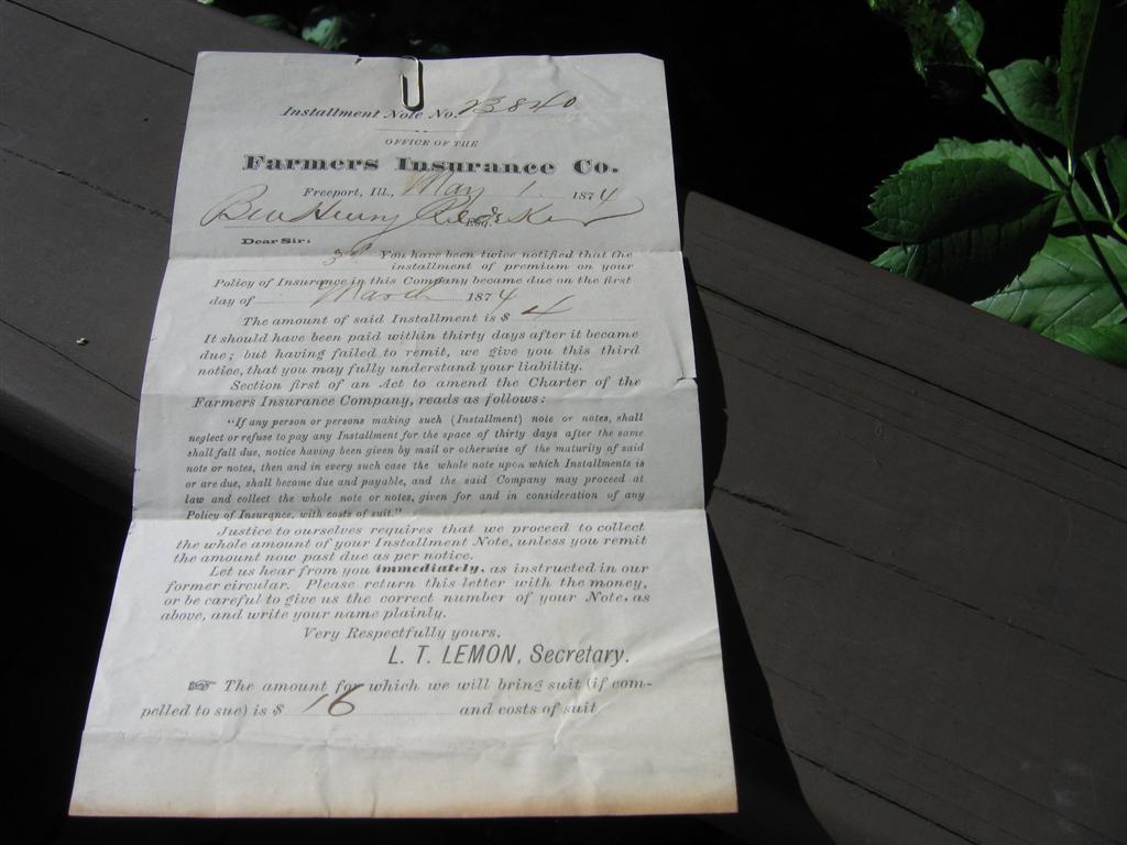 Farmers Insurance Co. Installment Note No. 23840.