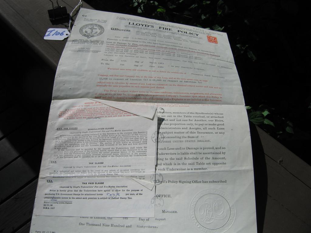 Lloyds of London Fire Policy. Covering the Empire