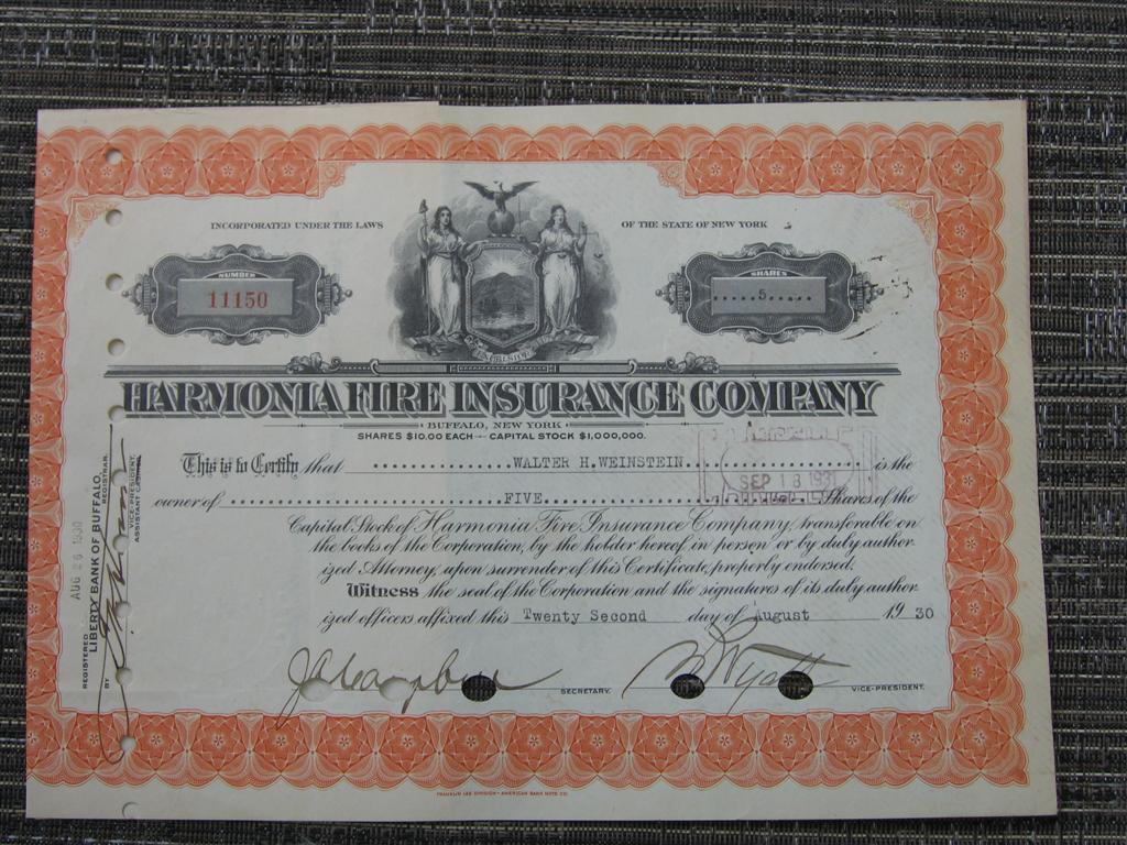 Harmonia Fire Insurance Company. Stock Certificat