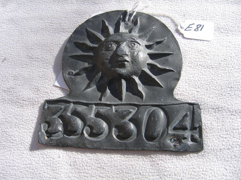 Sun Insurance Company Fire Mark. Lead. 7 1/8x7.