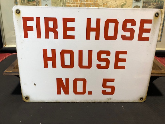 Fire Hose House #5. Sign. White with Red Letteri