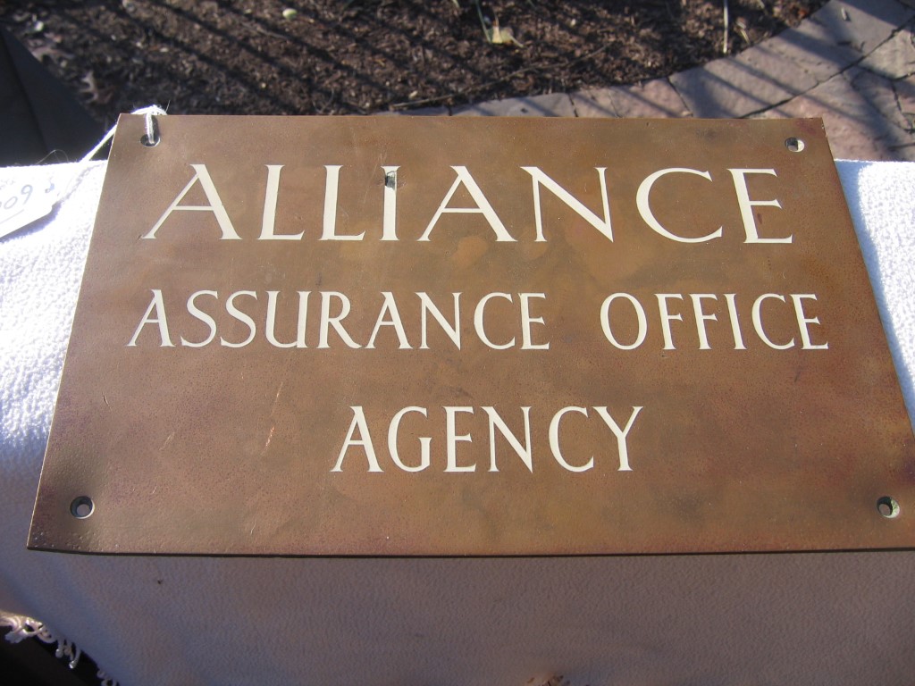 Alliance Assurance Office Agency. Brass Sign. He