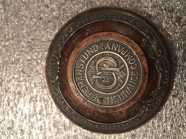 #104 Fireman's Fund Christmas Greetings 1910 paperweight