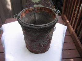 Old Fire Bucket. No Handle. Dark Red, Grey and B